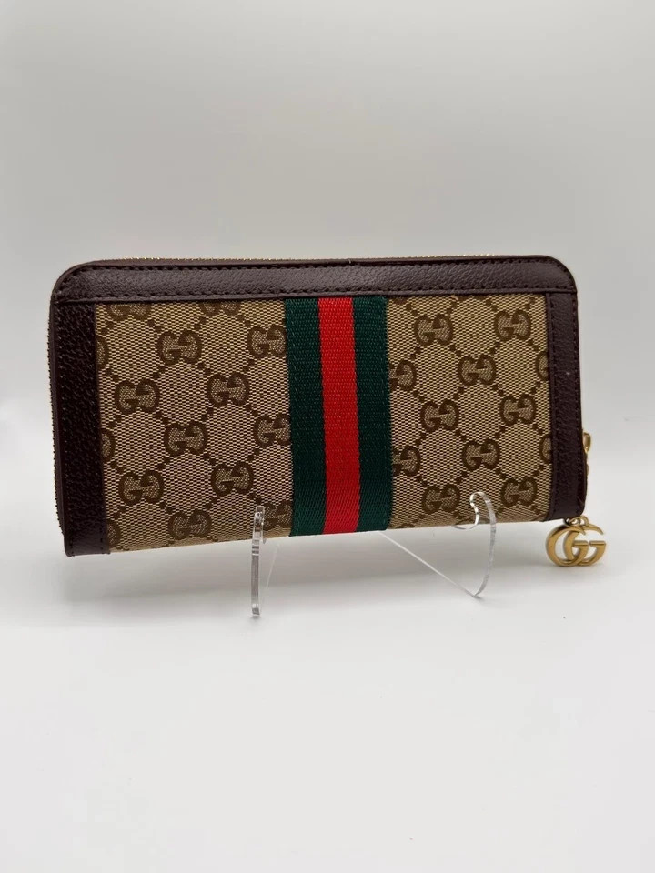 Gucci Ophidia GG Zip‑Around Wallet｜Web Stripe Canvas Leather Women Purse
