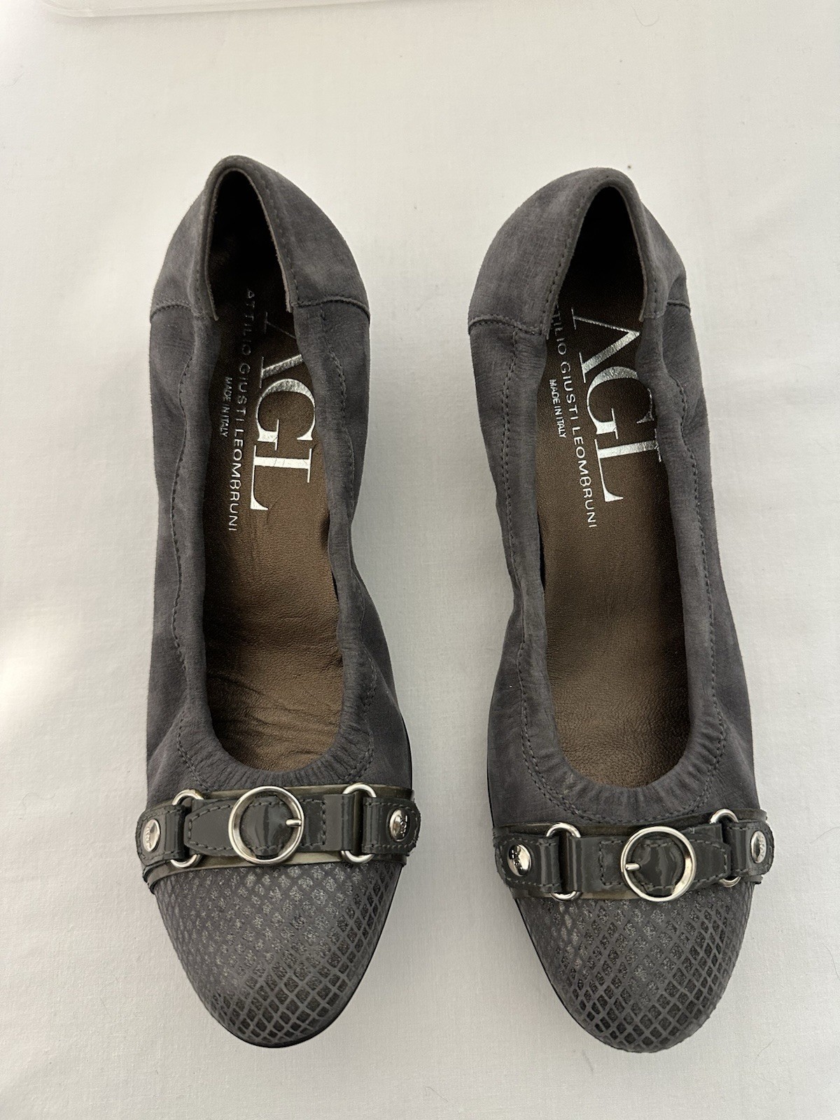 AGL Attilio Giusti Leombruni Cap Toe Buckle Low Wedge Heel Gray Suede Size 39/9