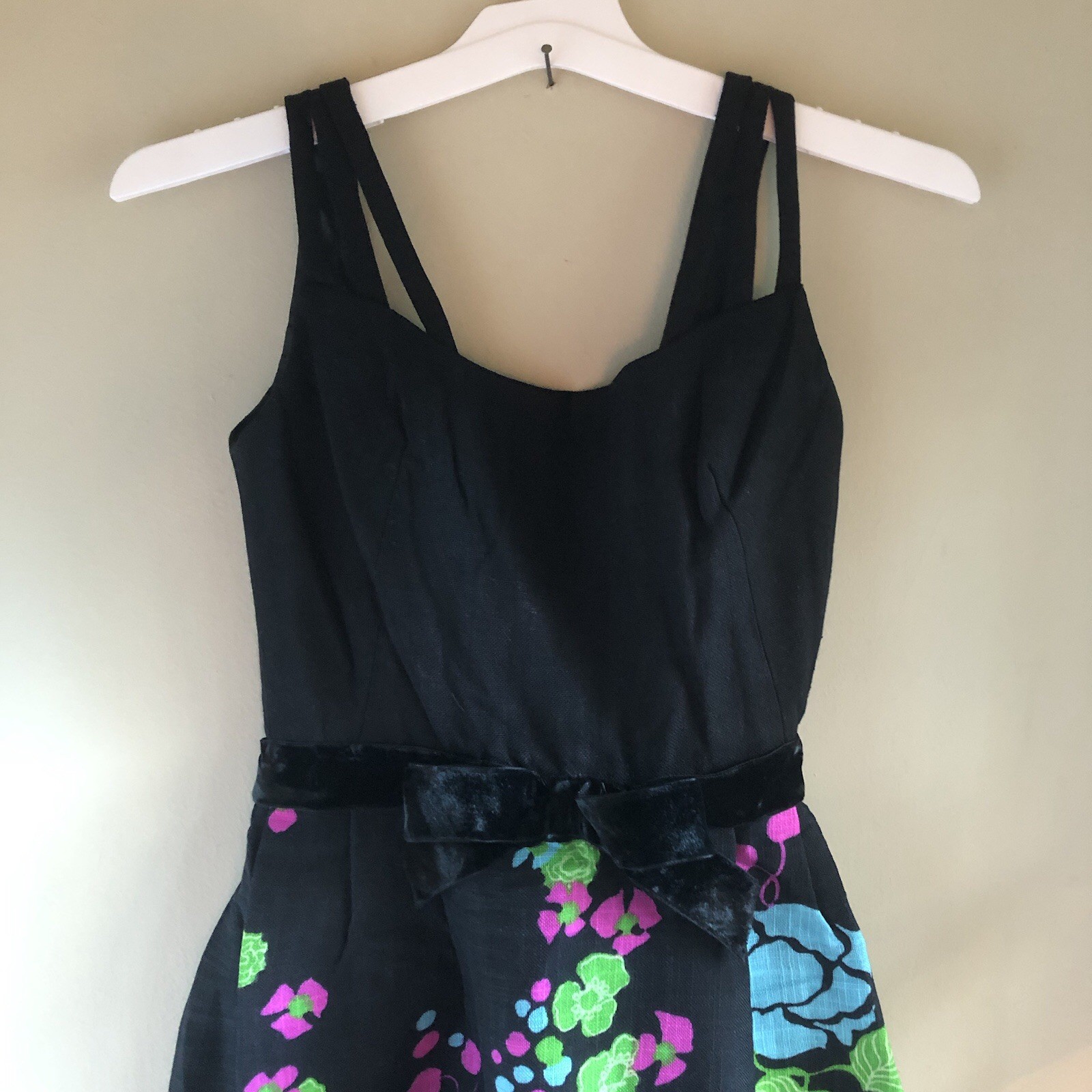 Mid-Century Vtg 1960s Lord & Taylor Marimekko Style Black Linen Maxi Dress ILGWU