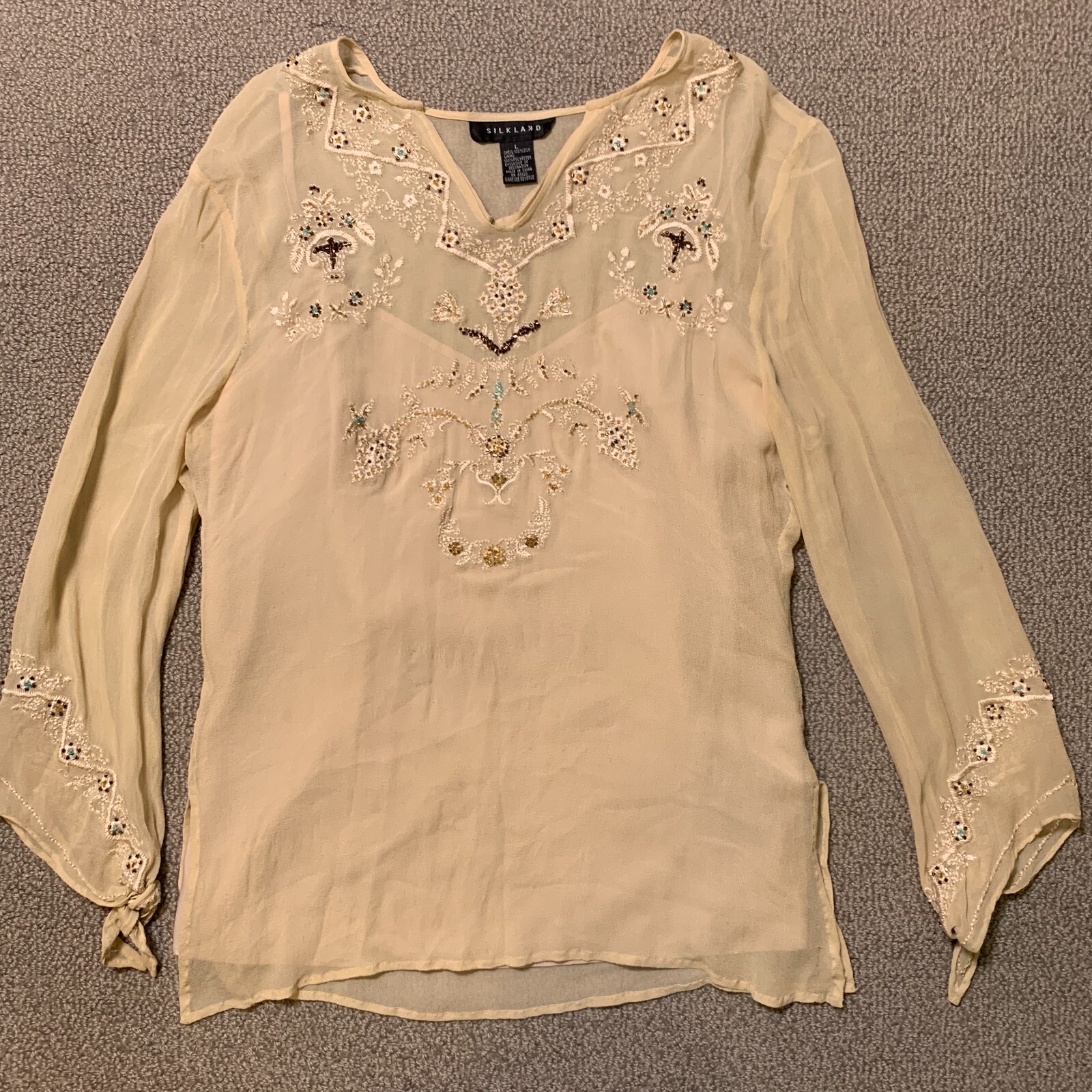Silkland Layer Top Womens L Silk Semi Sheer Boho Coastal Cowgirl Embroider Bead