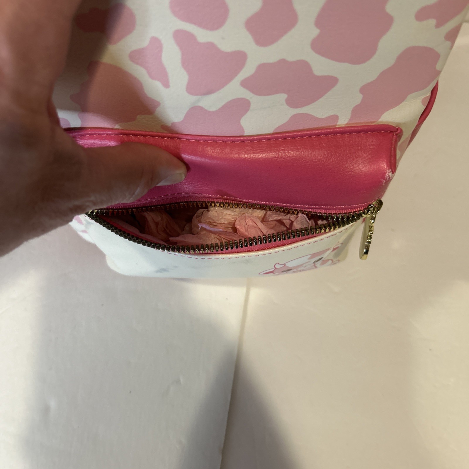 Strawberry Milk Cow Backpack Pink and White Used 11 Inches Gold Hardware Zipper
