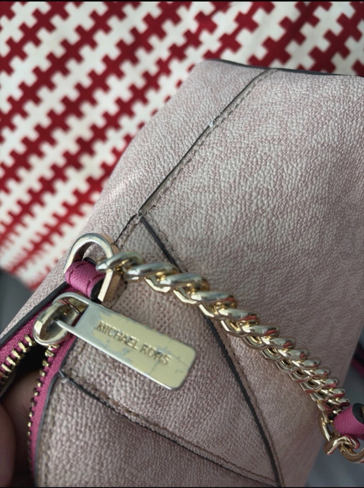 Michael Kors Pink Logo Zip Crossbody Bag Gold Chain Detachable Strap Small