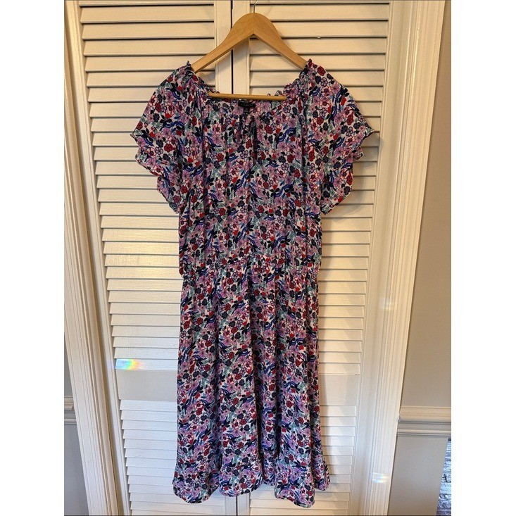 Talbots Floral Midi Dress Pink Purple Blue Size 10 Flutter Sleeve Classic Style