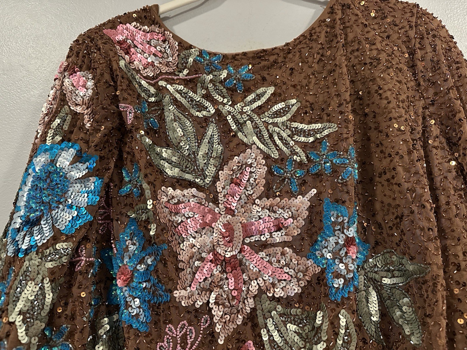 Mac Duggal 5615 Mocha High Neck Long Sleeve Sequin Gown Sz 16 NWOT