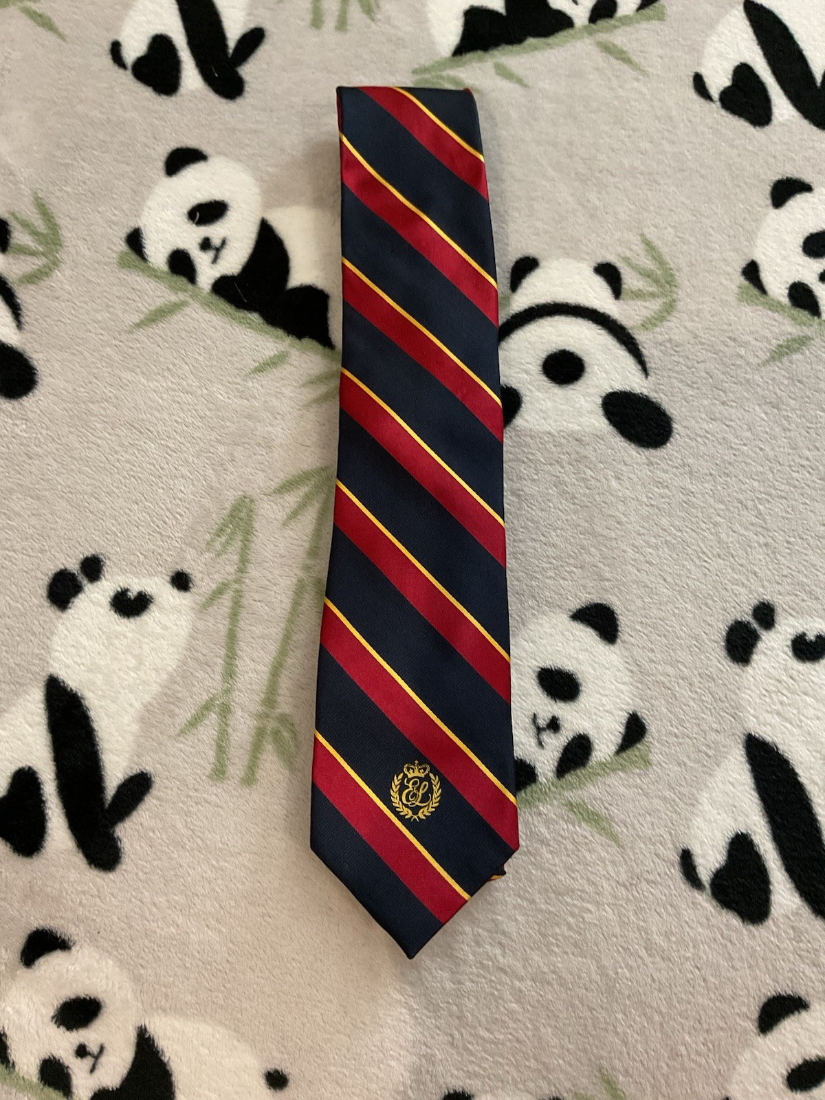E Land Men’s Tie 3.25″ Red Navy Yellow Repp Stripe Necktie Logo