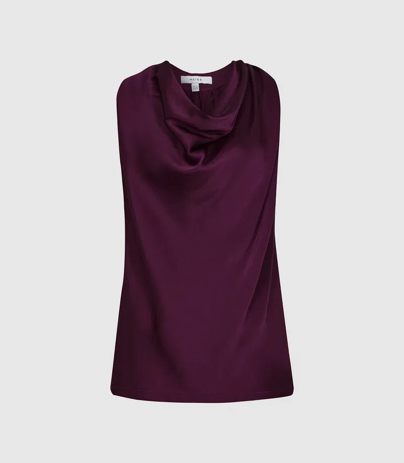 Reiss Laura Bow Detail Satin Sleeveless Cowl Neck Top In Berry Size 14 RRP £115
