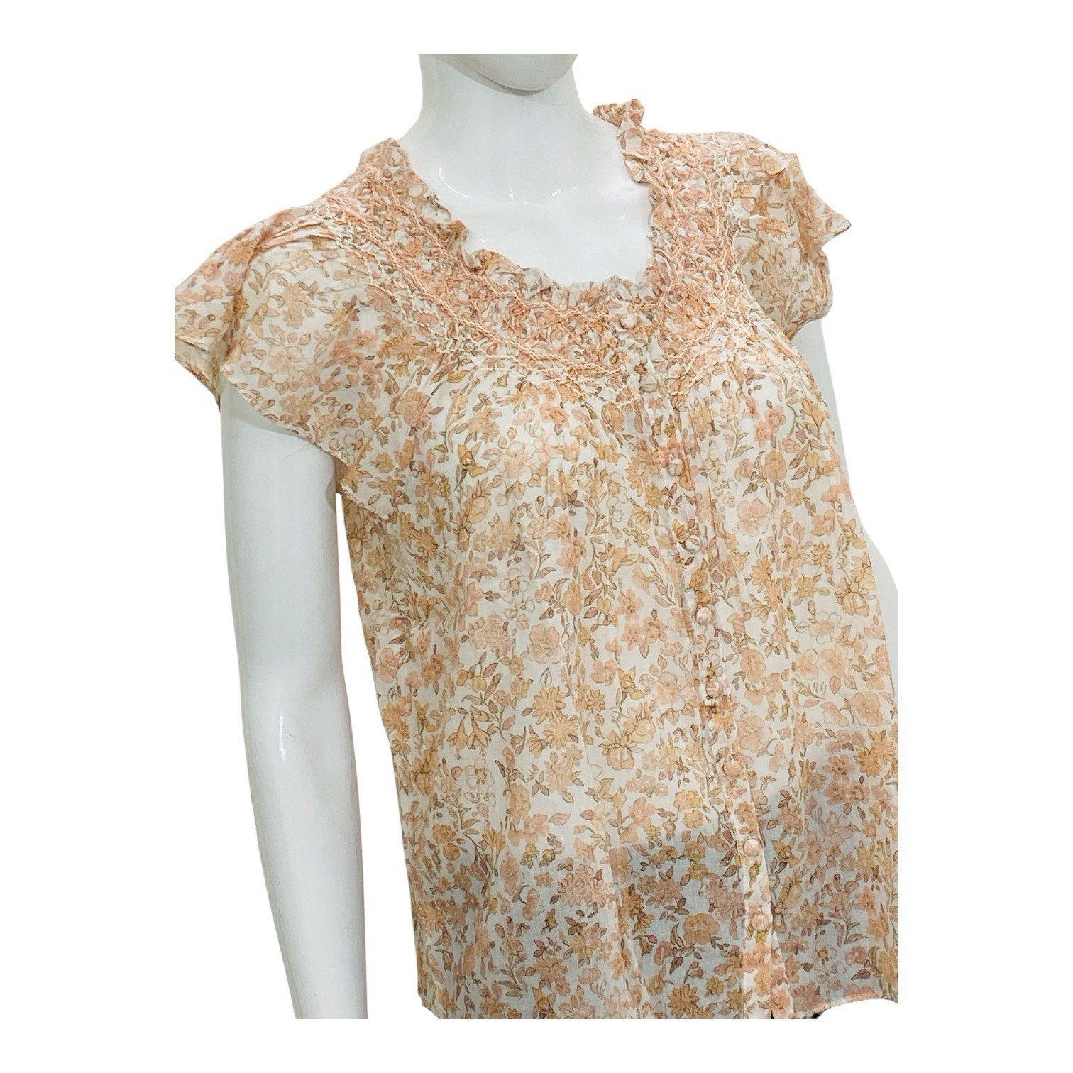 LoveShackFancy Floral Printed Smocked Embroidered Cotton Blouse Tunic Top L