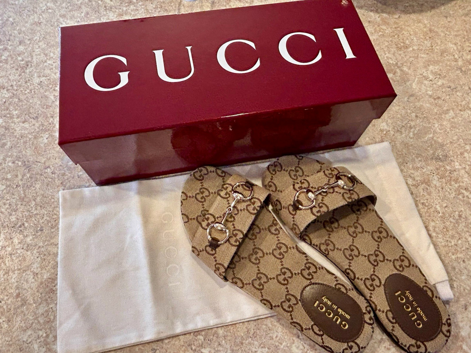 Gucci GG Canvas Siaga Slide Sandals Beige Brown Logo Buckle Leather US 7 B EU 37