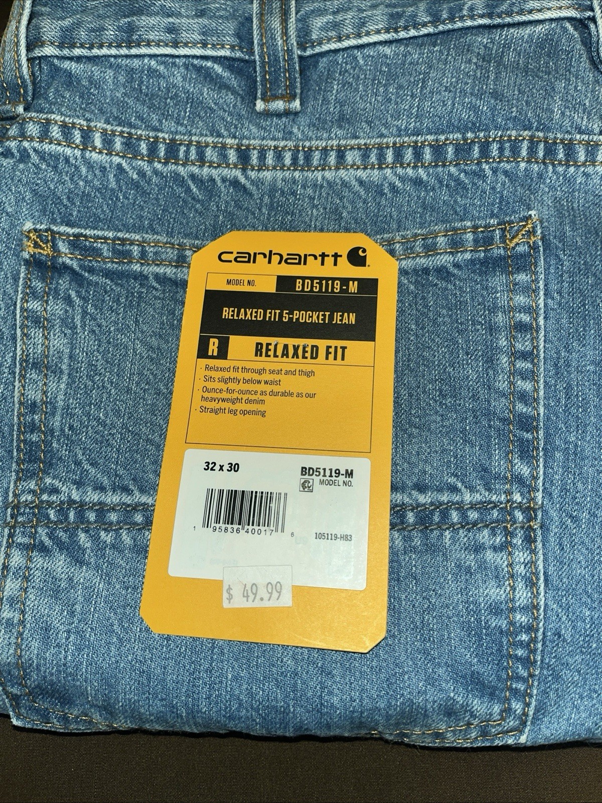 Carhartt Mens BD5119-M Relaxed Fit 5-Pocket Jeans Blue Denim 32 X 30 NWT