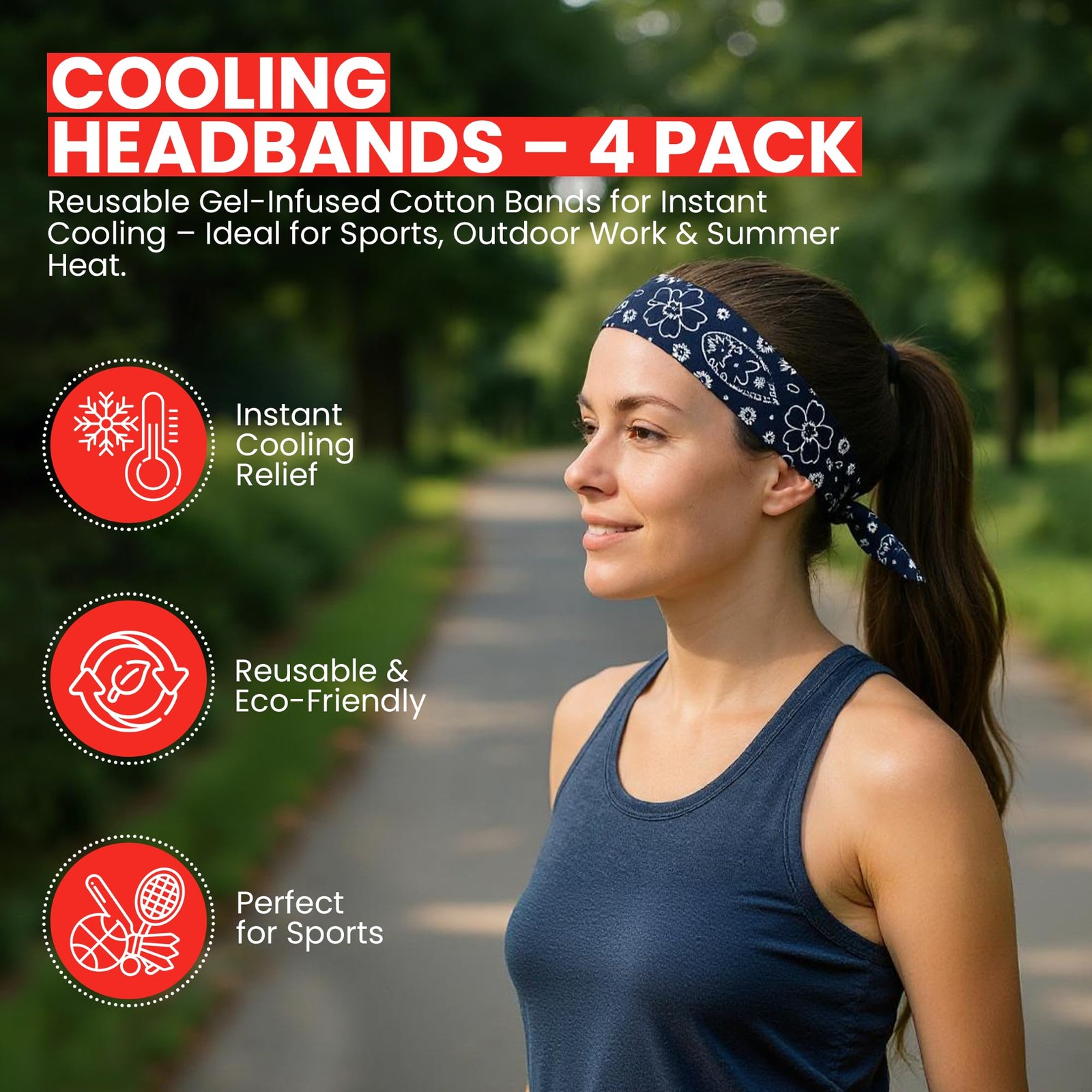 Iconikal 4Pack Cooling Gel Cotton Bandana Headband, 38Inch, Red/Blue Paisley