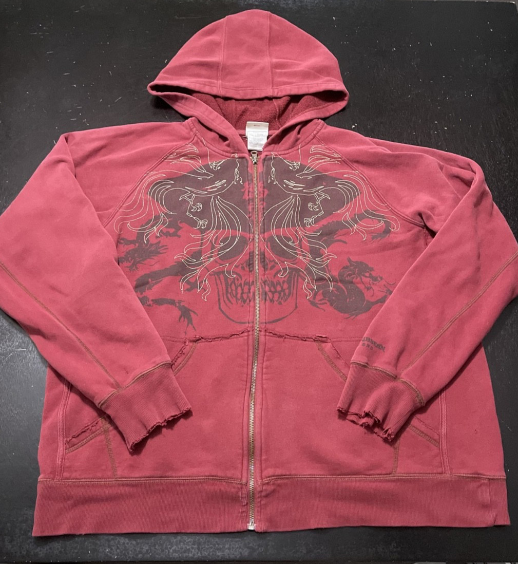 Disney Store Y2K Style Pirates of the Caribbean Skull Zip Hoodie, Maroon, XXL