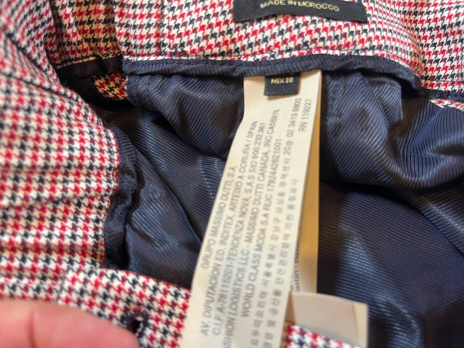 Massimo Dutti Red White Black (or Dark Navy) Houndstooth Cotton Blend Pants, 6