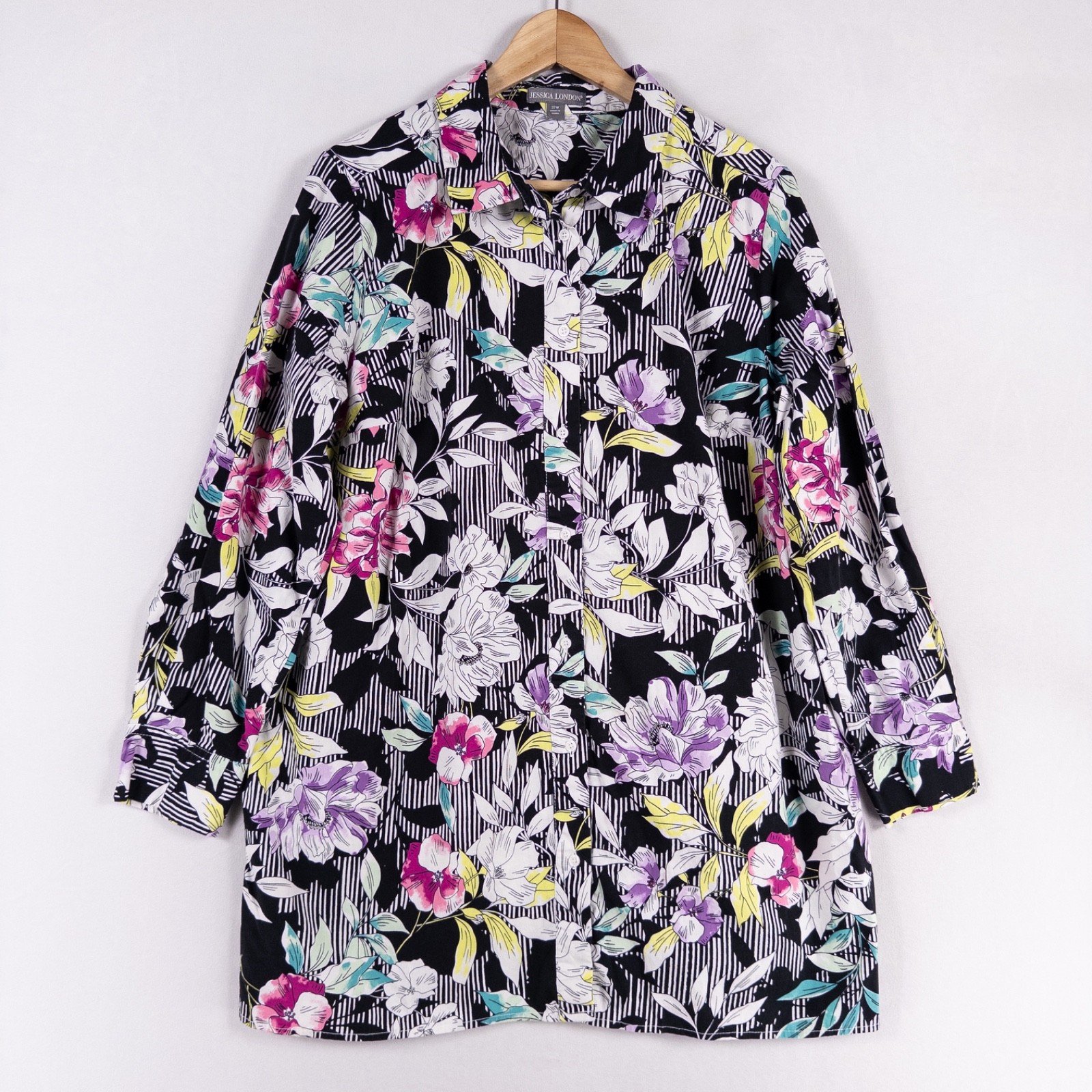 Jessica London Shirt 22W Multicolor Floral Button Up Tunic Cotton Stretch Casual