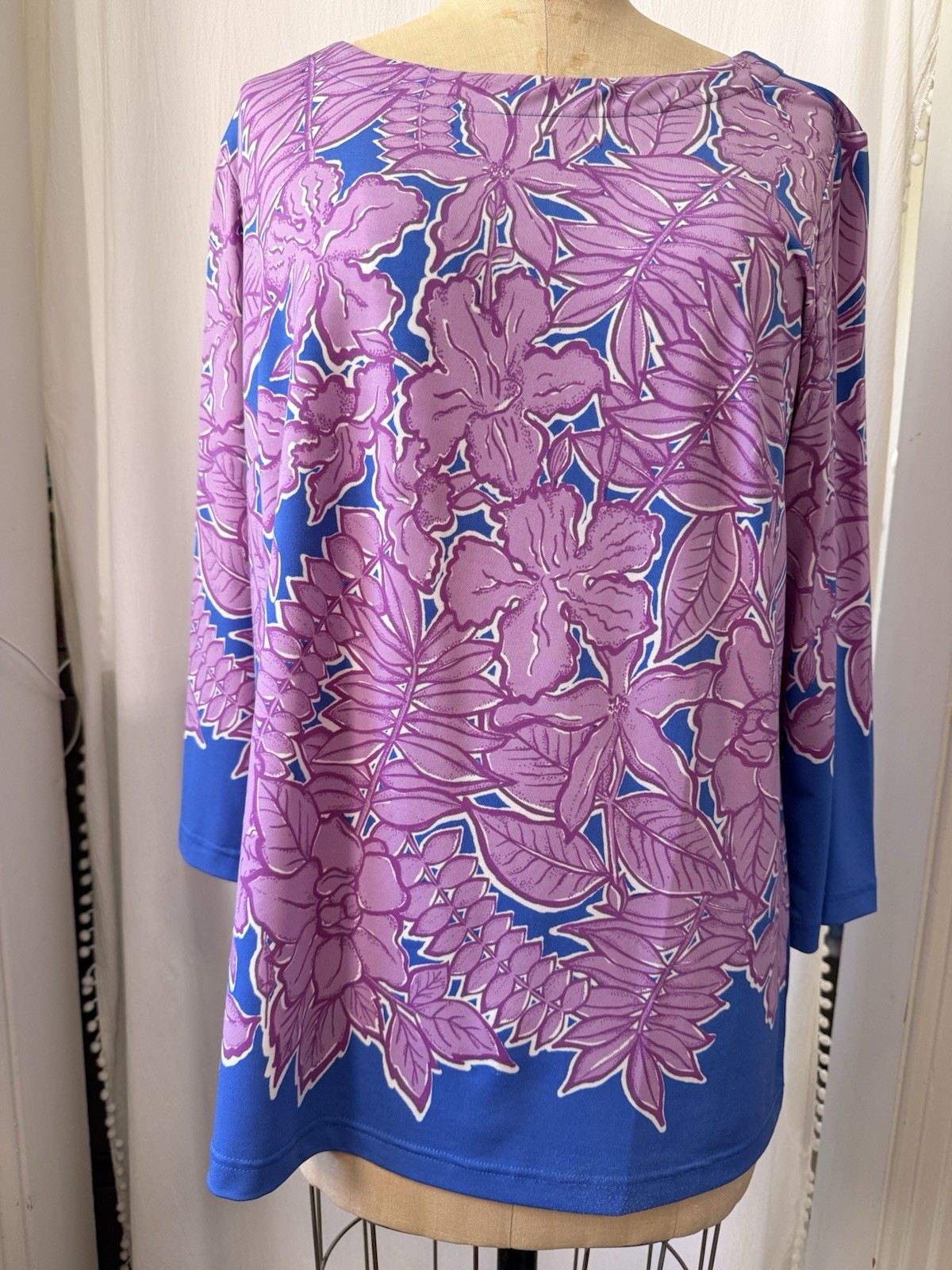Bob Mackie Wearable Art Blue Purple Floral Knit 3/4 Sleeve Tunic Blouse L