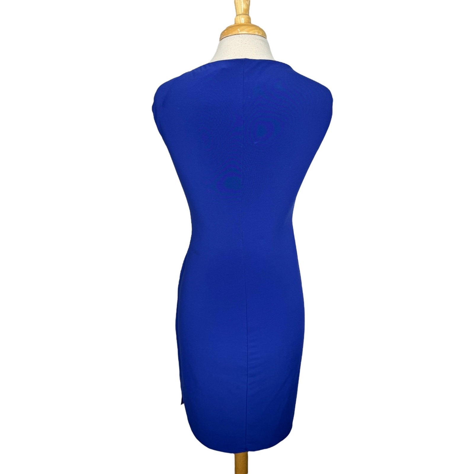 RALPH LAUREN LRL Cobalt Blue Keyhole Gold Logo Faux Wrap Dress Sz 6 Jersey Knit