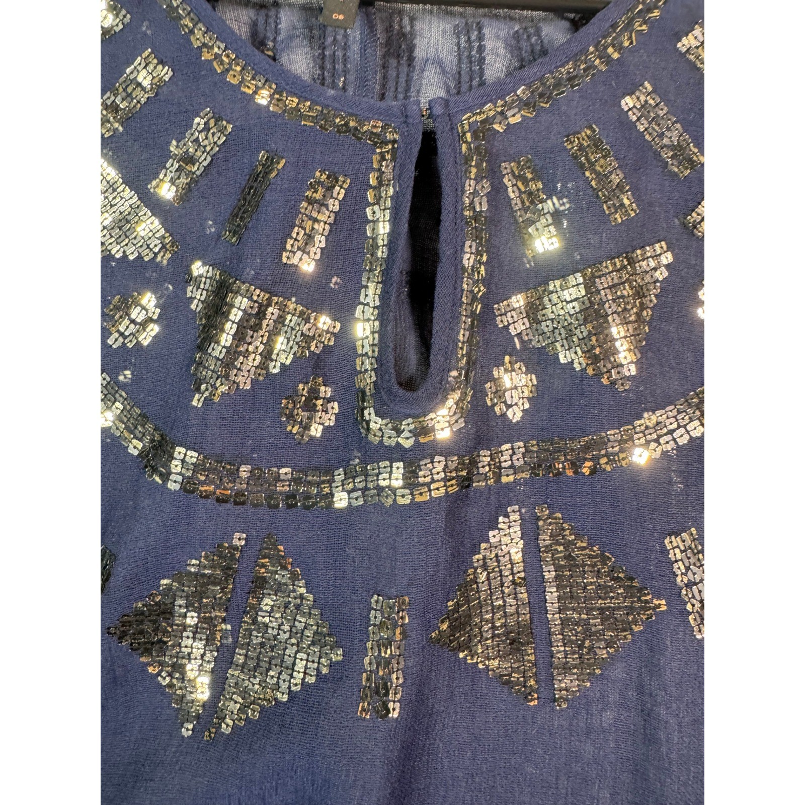 BCBGMAXAZRIA Navy Sequin Embellished Chiffon Poncho Kaftan Top OS Swim Coverup