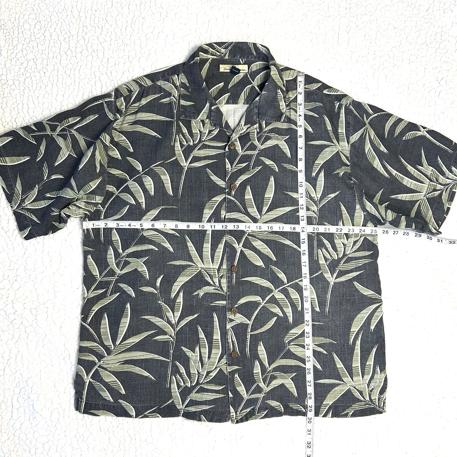 Tommy Bahama Silk Camp Shirt Mens XL Heather Gray Green Leaf Tropical Hawaiian