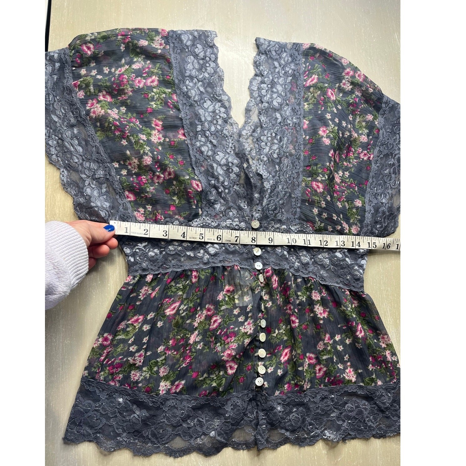 Passport Floral Sheer Boho Cottagecore Kaftan Style Blouse with Lace Trim