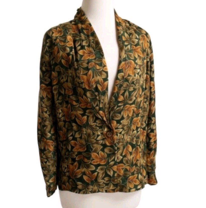 Quo 100% Silk Blazer Jacket Womens Large Boho Floral Leaf Print Lightweight