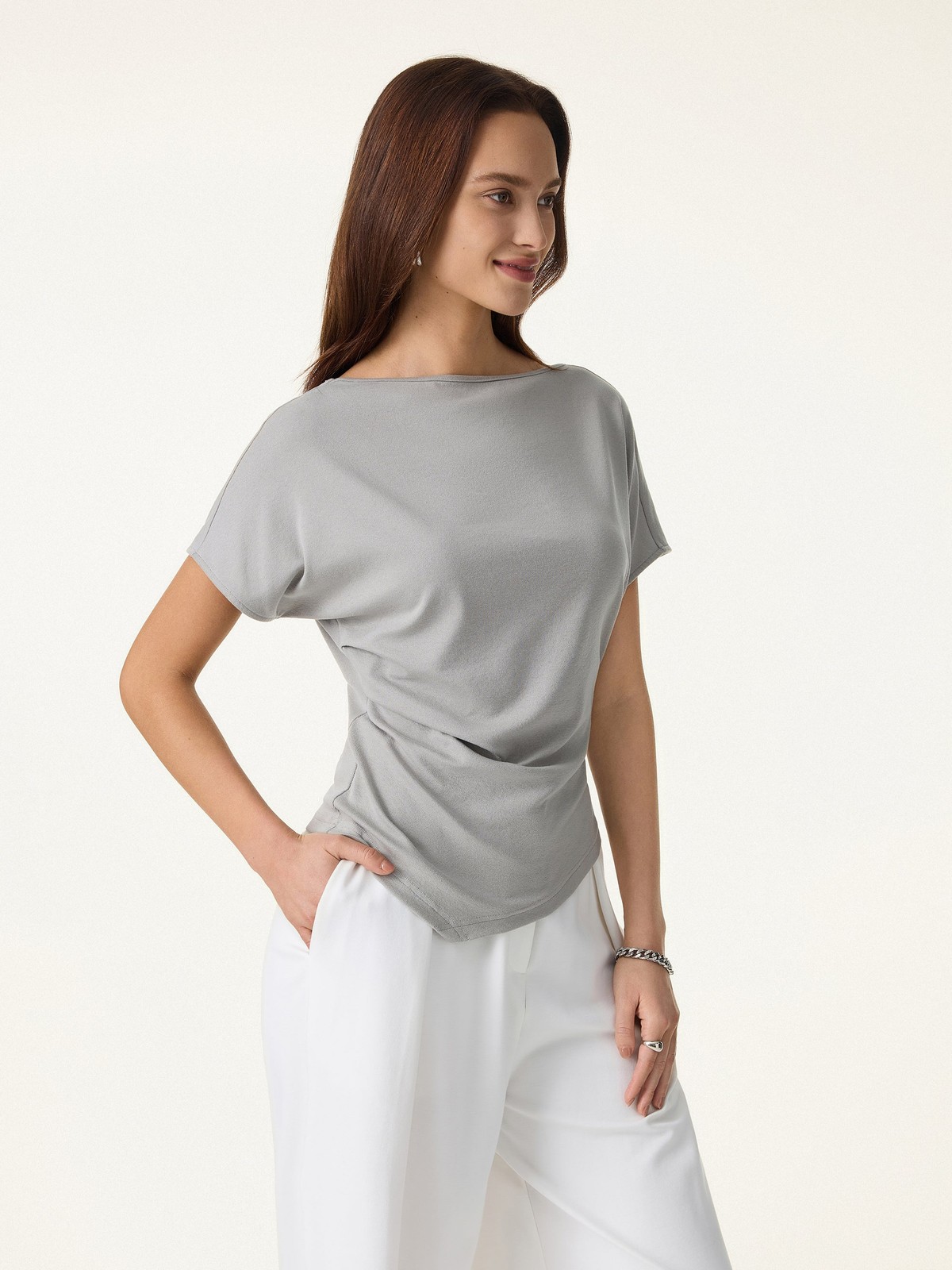 OGL Cotton Lyocell Boatneck Angled Tee Women Summer Casual Top