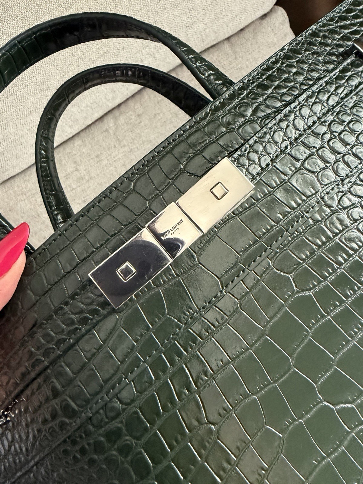 SAINT LAURENT Small Manhattan Green Silver Embossed Leather Bag Shoulder Strap