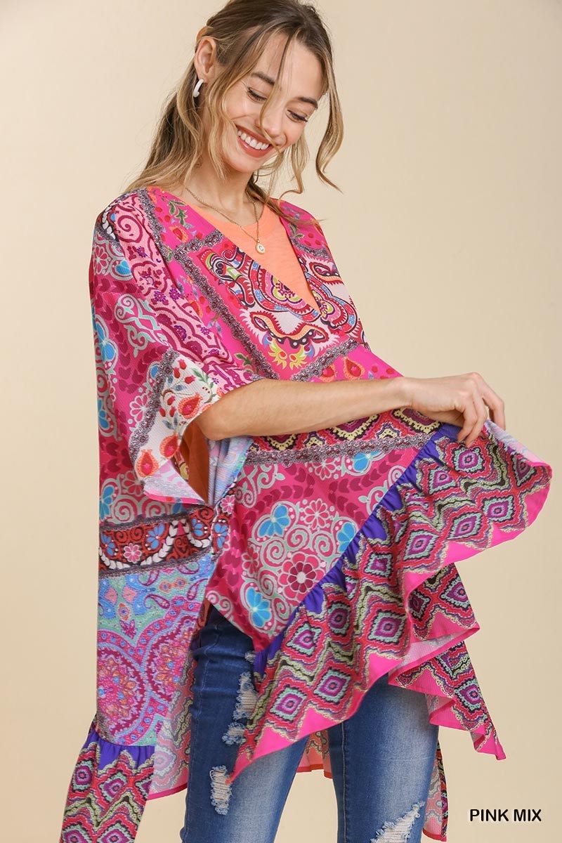 Umgee Pink Mixed Print Open Front Kimono with Back V- and Ruffle Hem