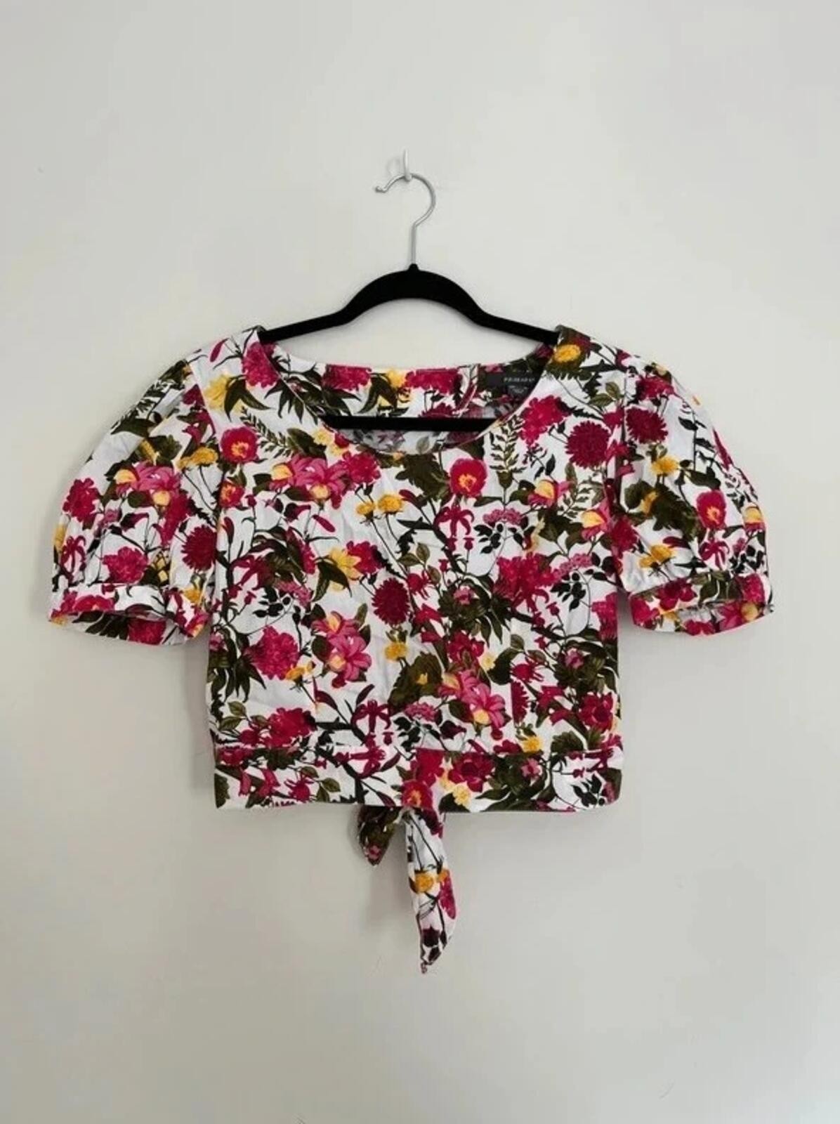 Primark floral puff sleeve cotton crop top with tie detail – size 8