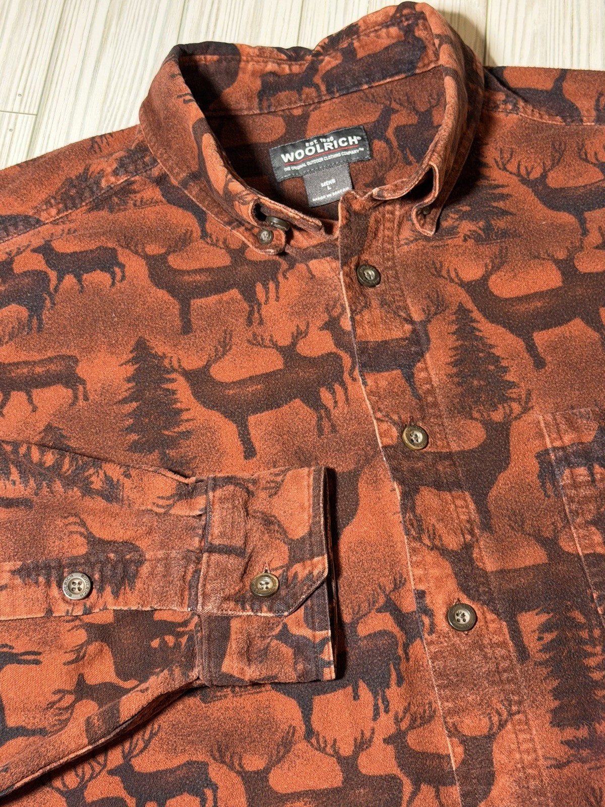 Woolrich Mens L Elk Deer Print Chamois Flannel Shirt Brown Button Up Hunting