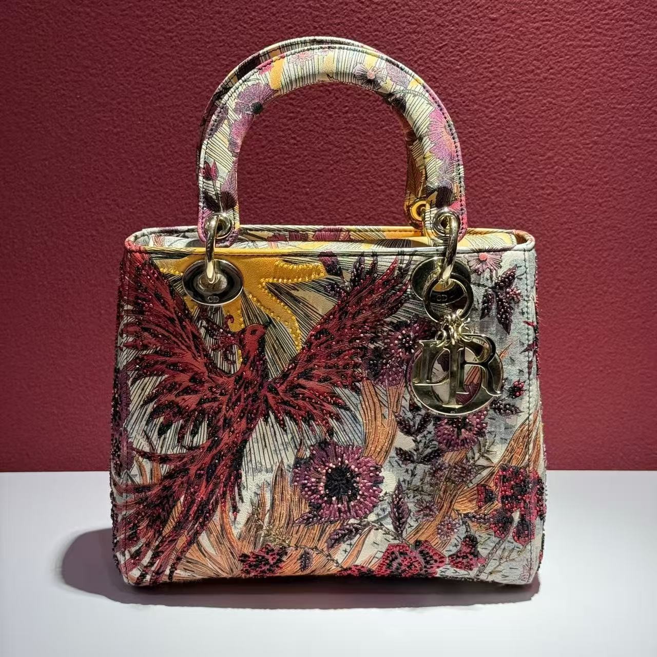Auth Christian Dior Lady D-Lite Phoenix Floral Beaded Embroidery Handbag Rare