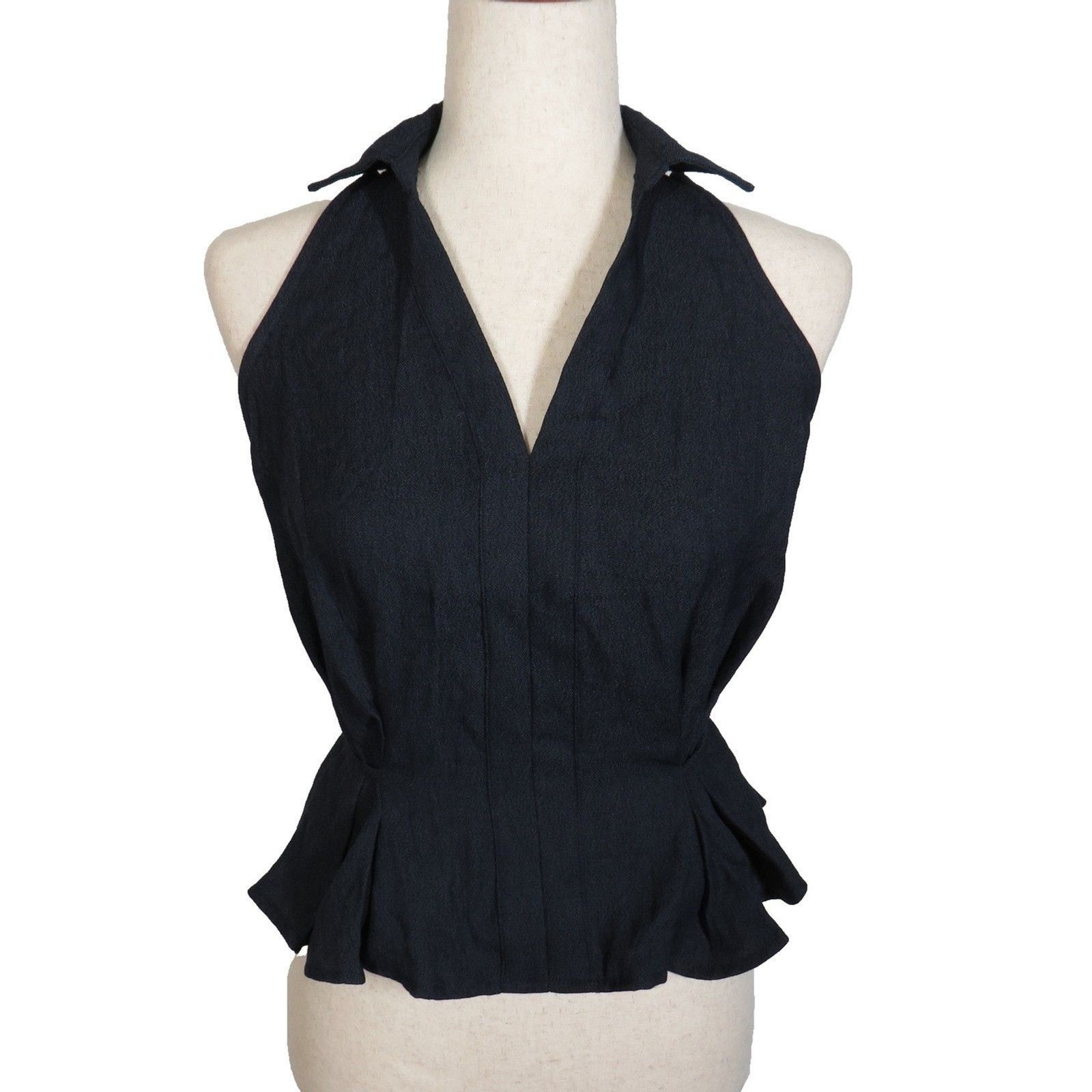 OGL Navy Linen Blend Collared V Neck Sleeveless Tie Waist Top Medium