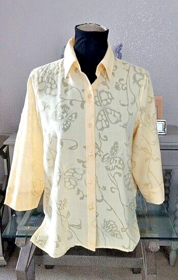 Alfred Dunner Butterfly Shirt Yellow 3/4 Sleeve Button-Up Women’s Size 8 Small