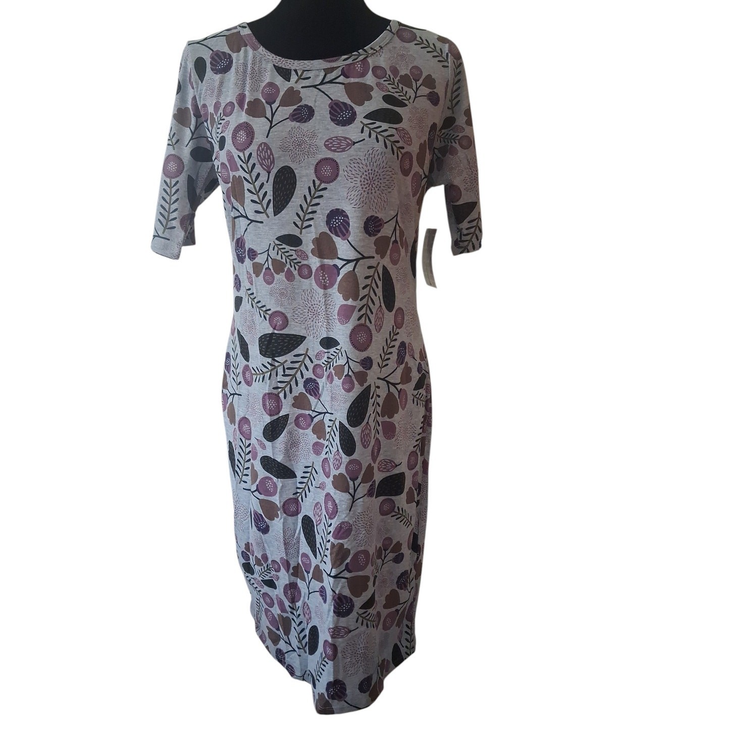 LuLaRoe Julia Dress Gray and Purple Short Sleeve Form Fitting Midi Womens Size L