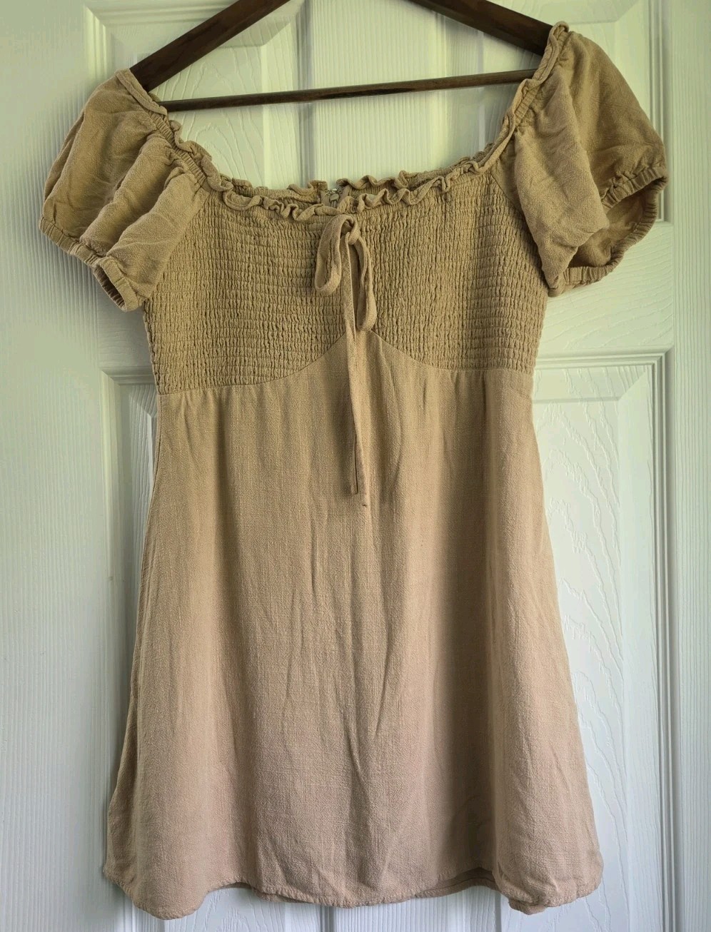 Altar’d State Smocked Milkmaid Mini Dress Tan Beige Puff Sleeve Babydoll Size M