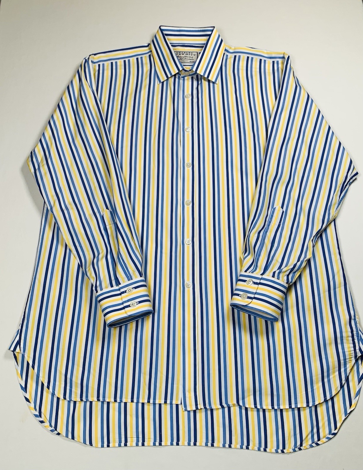 Charles Tyrwhitt Shirt Men 16.5 34 Blue Yellow Striped Poplin LS Dress Button Up