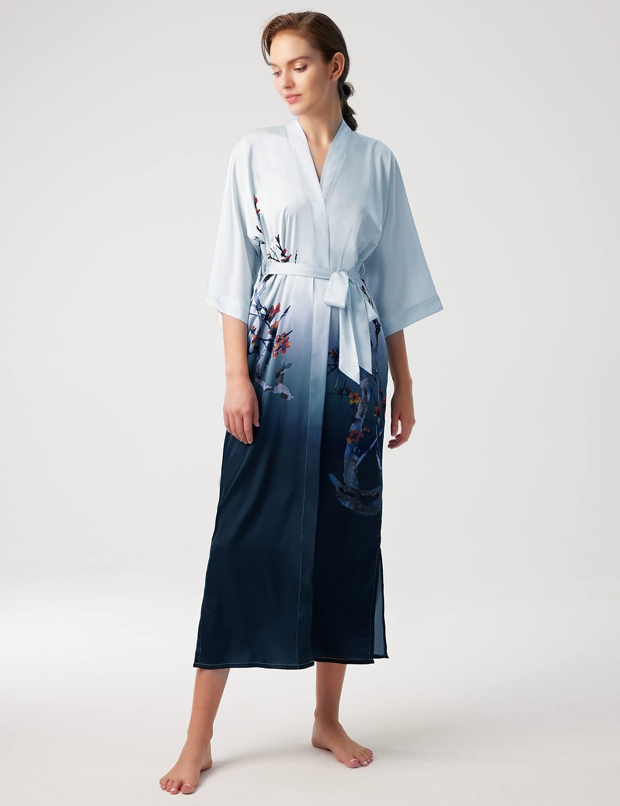 PRODESIGN Long Satin Nightgown with Gradient Watercolor Pattern – Silky Kimono