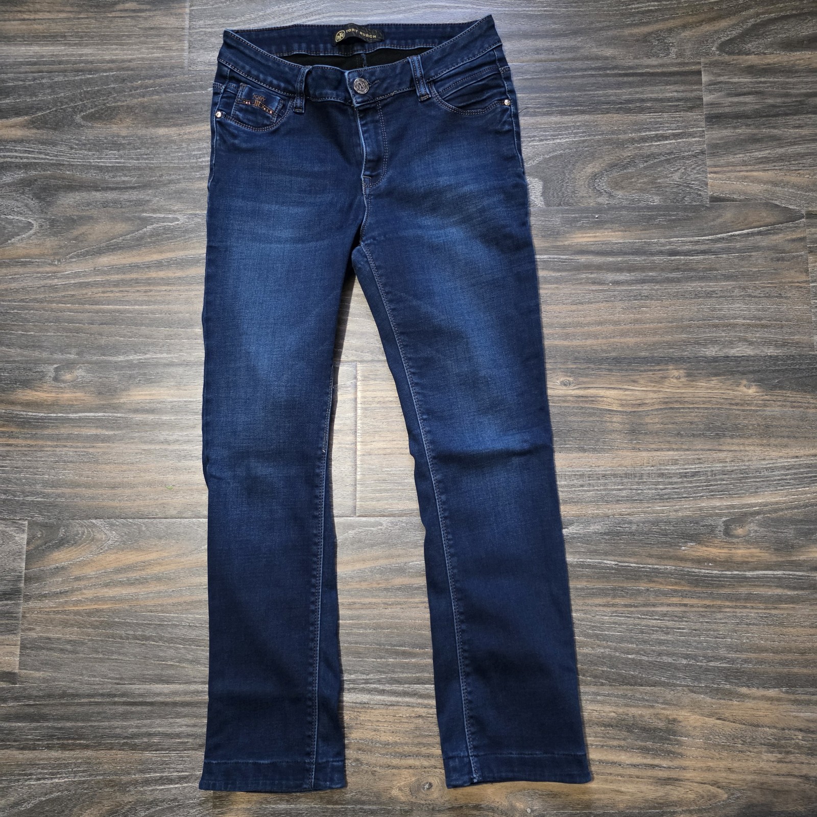Tory Burch Skinny Denim Jeans With Leather Accents Size 32