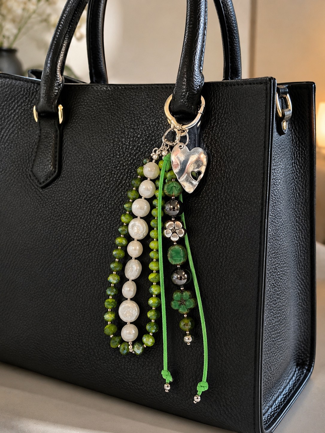 Green White Beaded Tassel Charm Accessory Silver-Tone Clip Women
