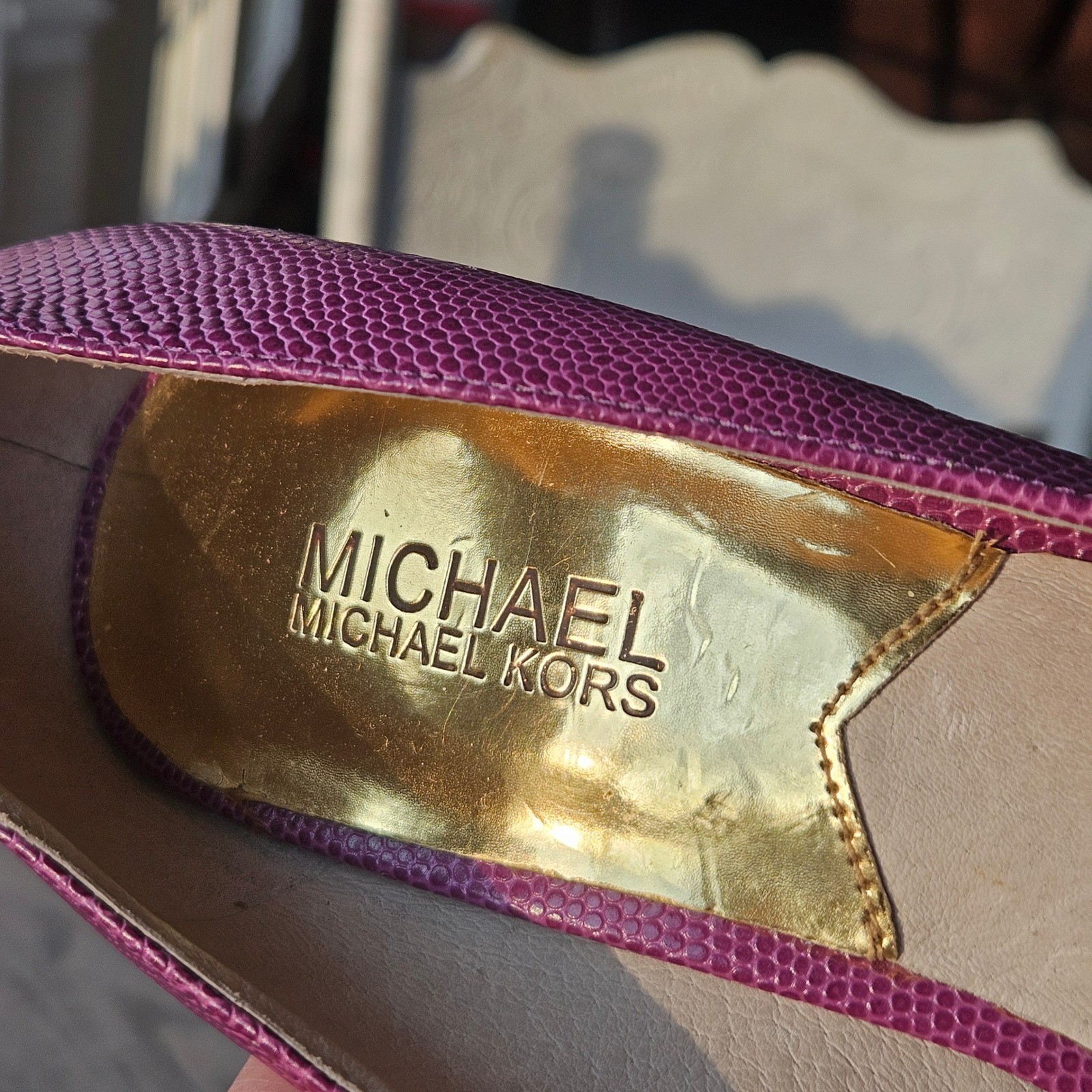 Michael Kors Peep Toe Platform Pumps Womens 8M Purple Lizard Embossed Heels