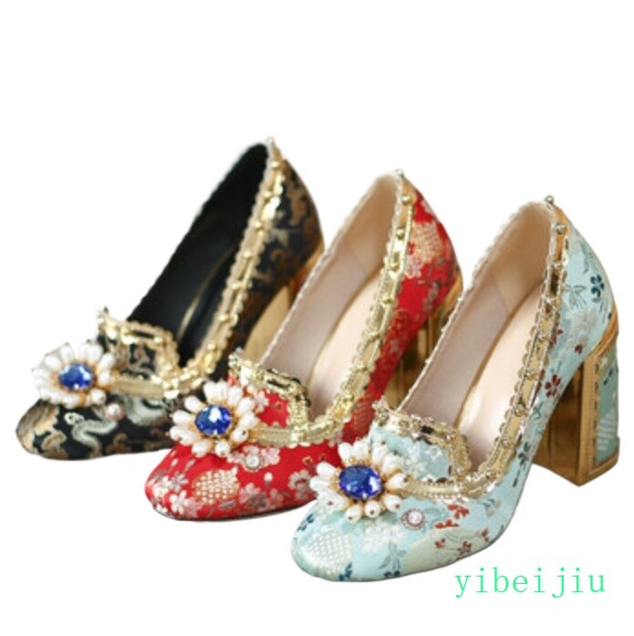 Women’s Beads Rhinestones Wedding Flower High Heel Pumps Satin Shoes Pumps Lady