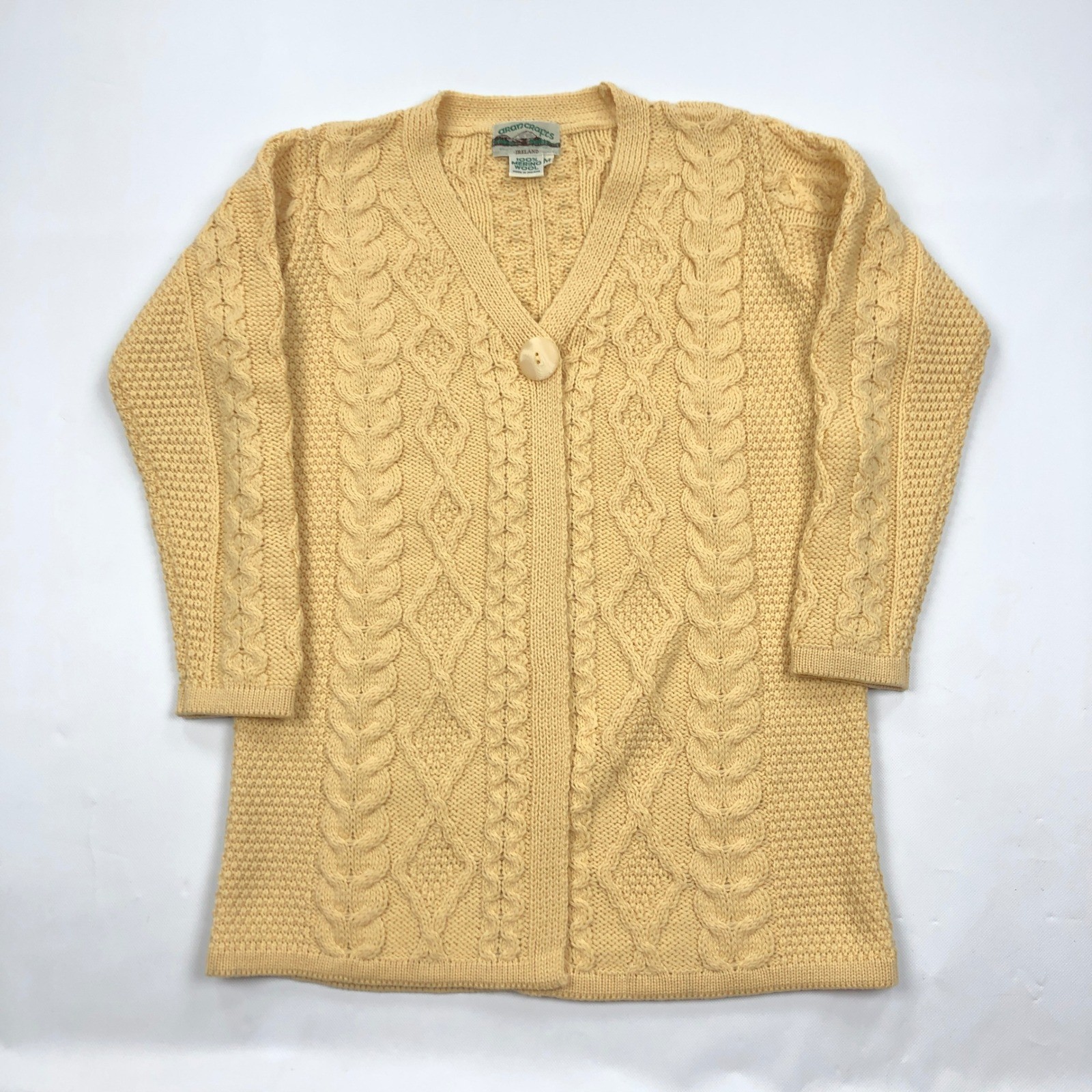 Aran Crafts Ireland Womens M Yellow Merino Wool Cable Knit Cardigan Sweater