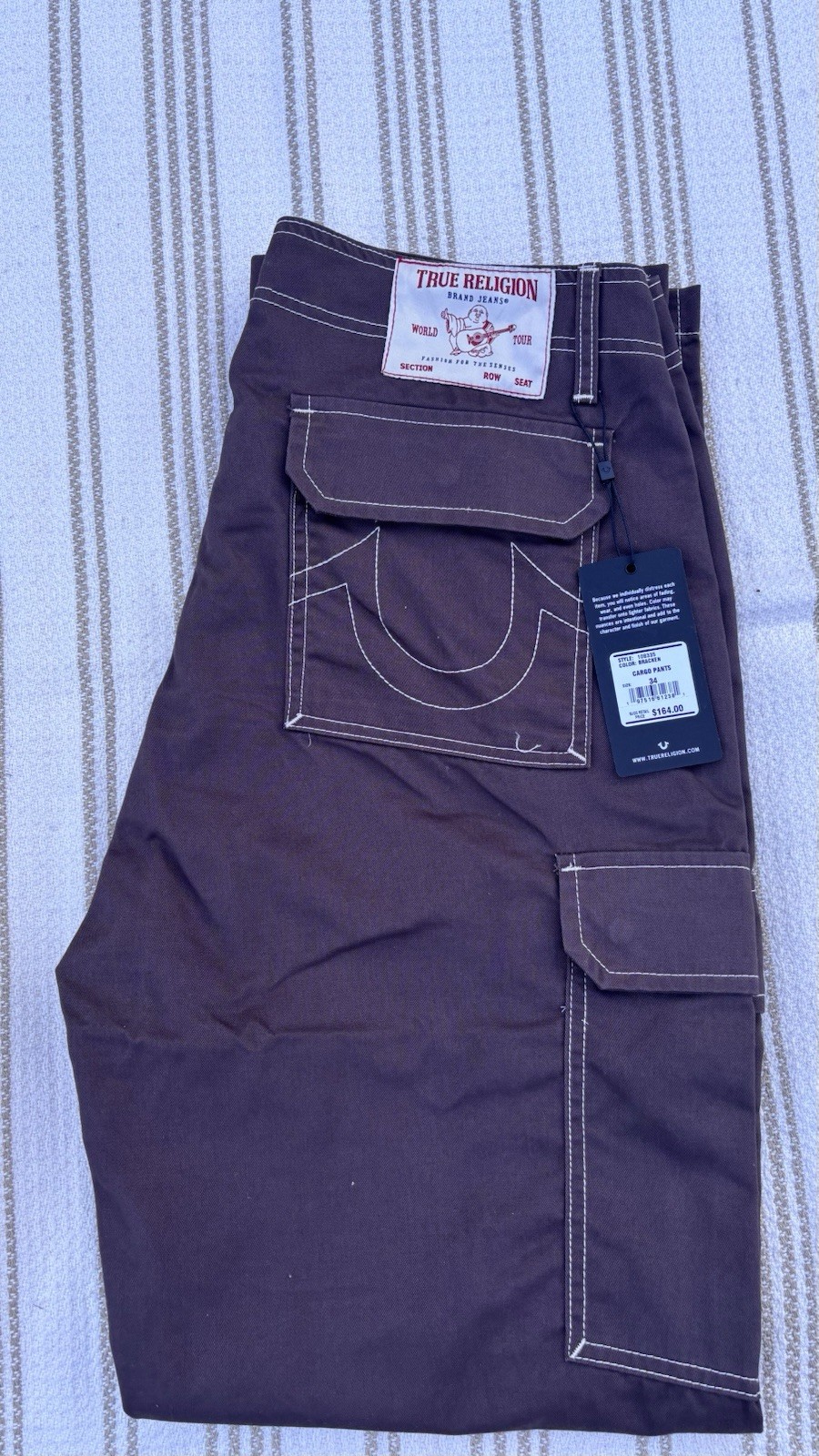 True Religion Men’s Bracken Brown Wide Cargo Pants, Size 34
