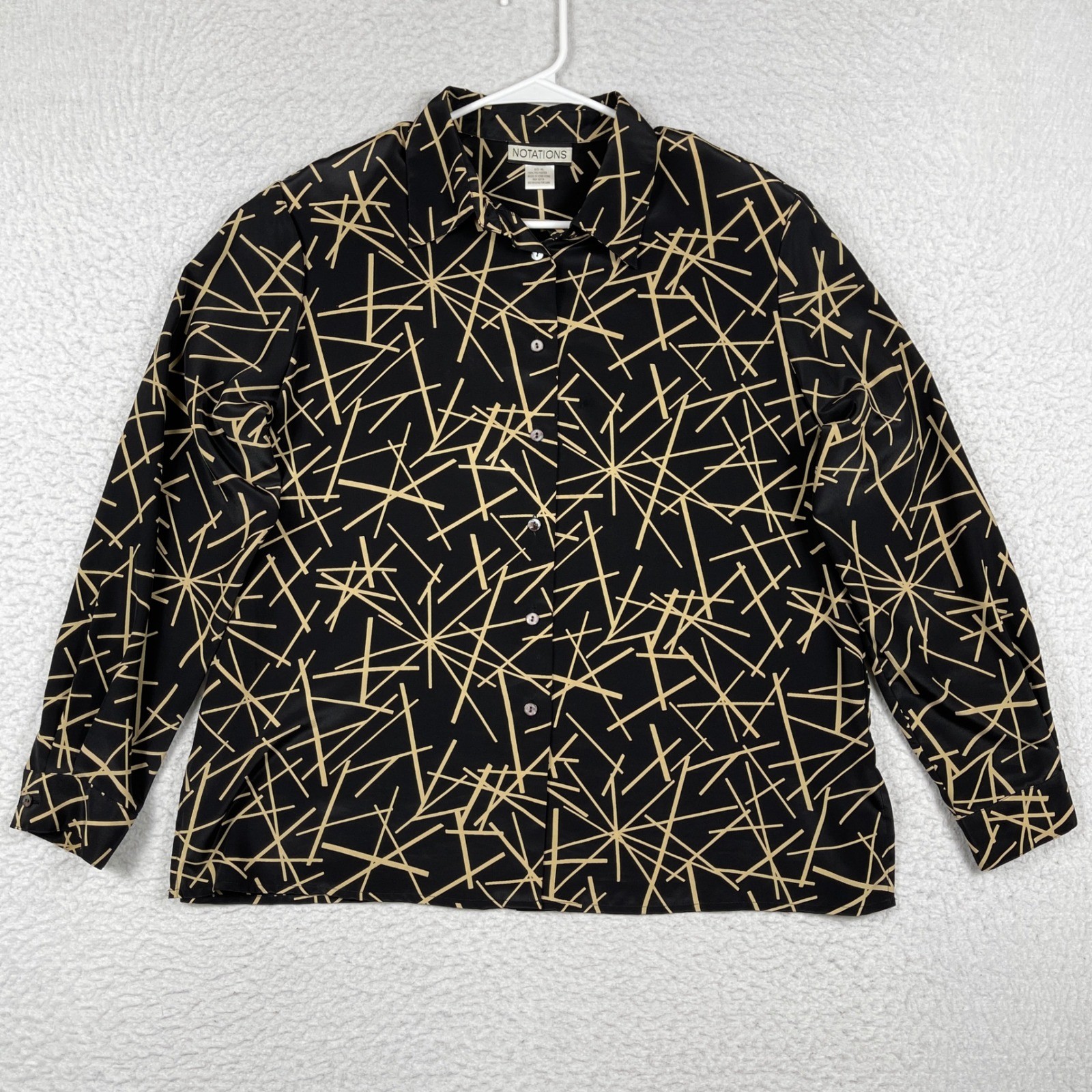 Notations Button Down Blouse Womens XL Black Tan Geometric Linear Shoulder Pads