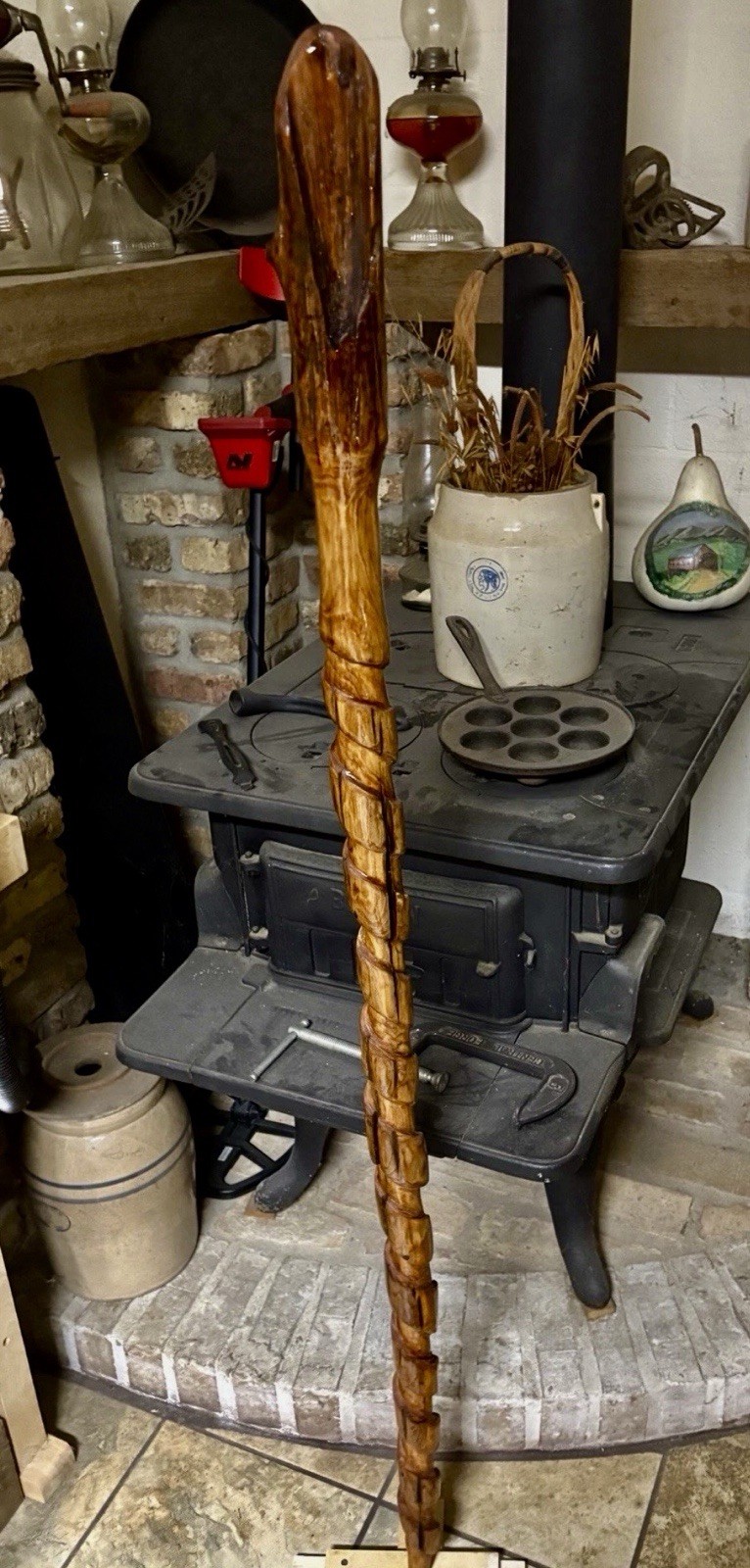 59” Hiking Staff Walking Stick W/stand Hand Carved Juniper From Gulf Coast River
