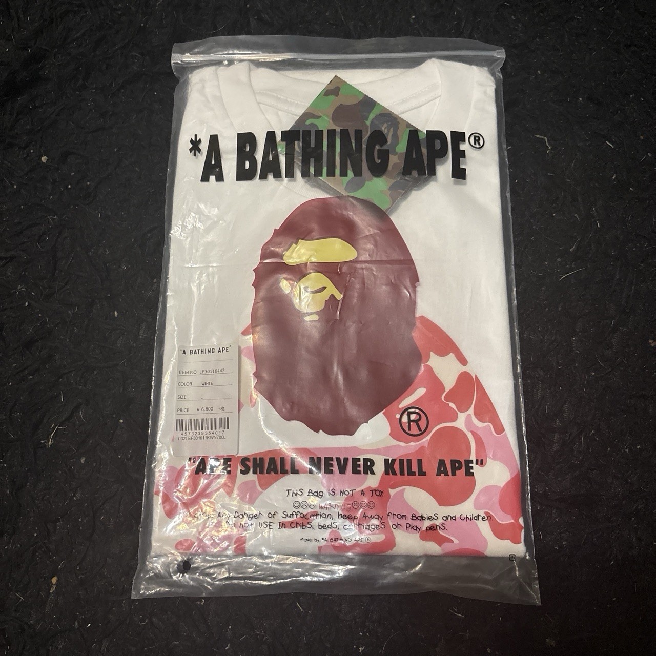 BAPE White Tee. Pink Camo Ape Head. New with tags/bag. Size L.