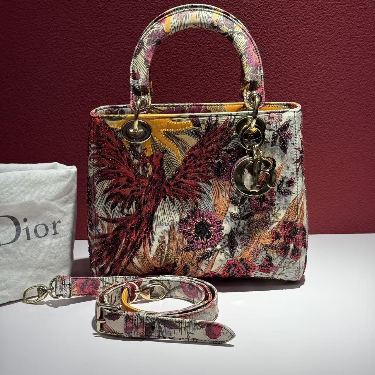 Auth Christian Dior Lady D-Lite Phoenix Floral Beaded Embroidery Handbag Rare