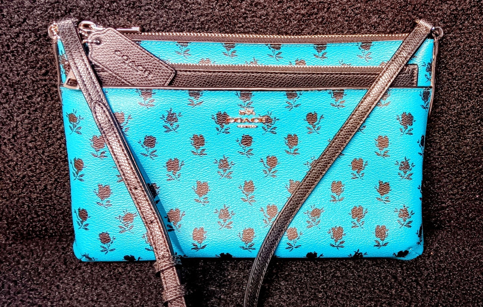 COACH Teal Blue Leather Floral Print w/ Pop Up Pouch Crossbody Bag #F38159 *READ