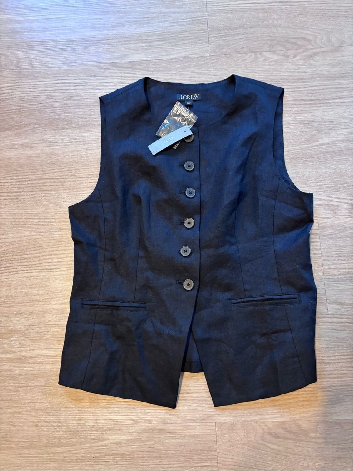NWT J Crew Women’s Sz 10 Cutaway Vest 100% Linen Adjustable Waist Black CI544
