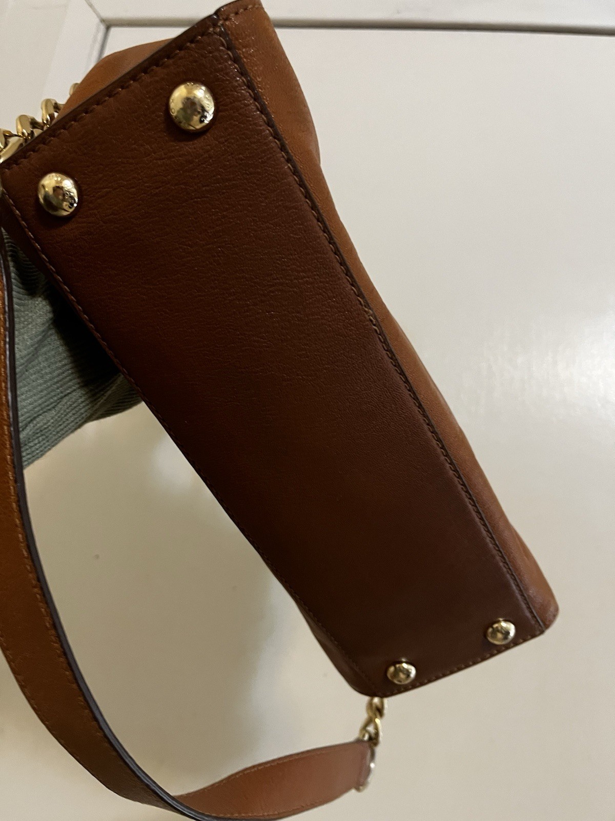Michael Kors Brown Pebbled Satchel Top Handle Chain Padlock Snap Gold Hardware