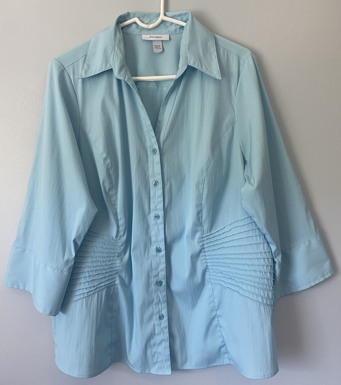 Dress Barn Aqua Blue Button Pin Tuck Blouse 14/16W Tailored Silouette Business