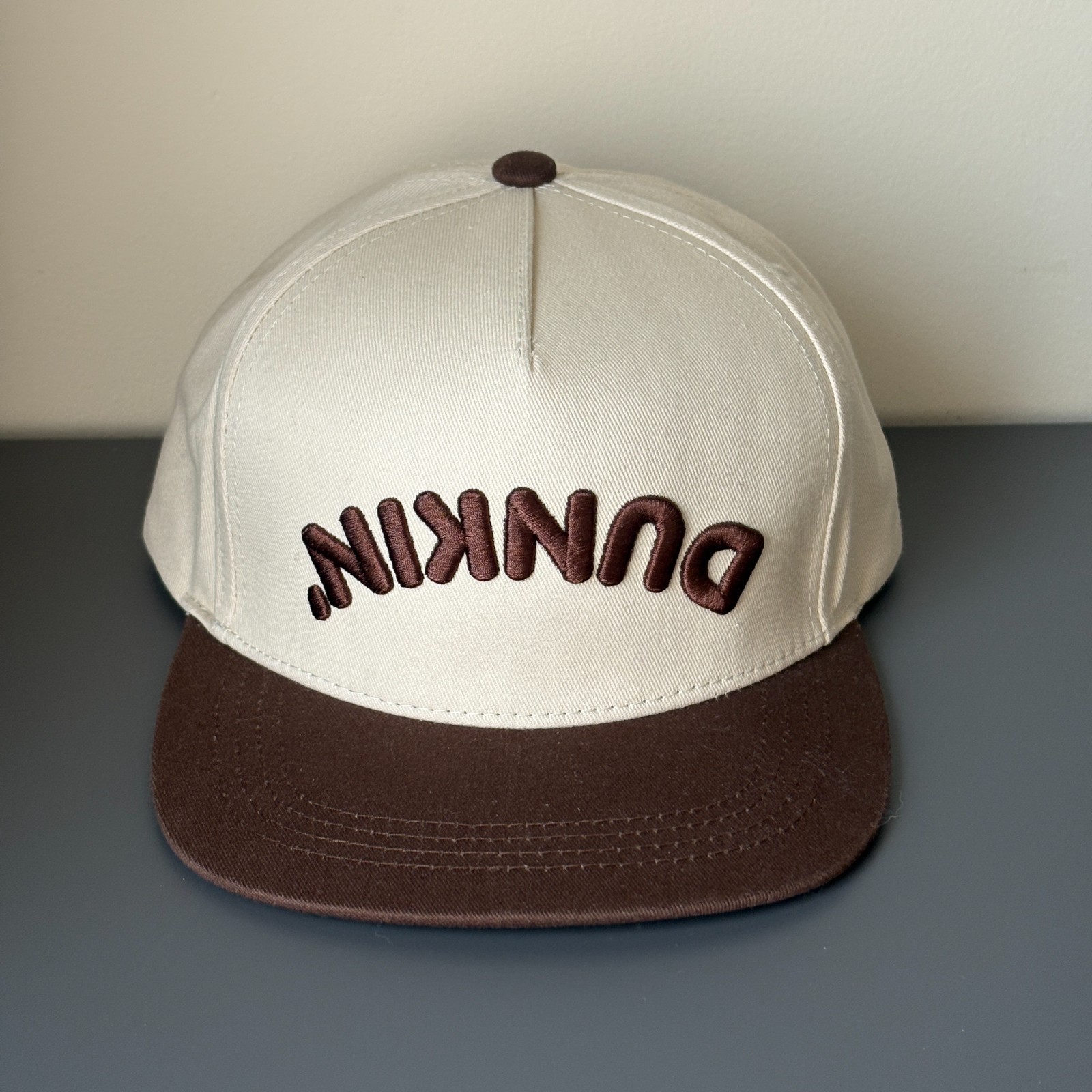 Dunkin Donuts Upside Down Logo Snapback Hat Brown Cream EST 1950 Adjustable Cap